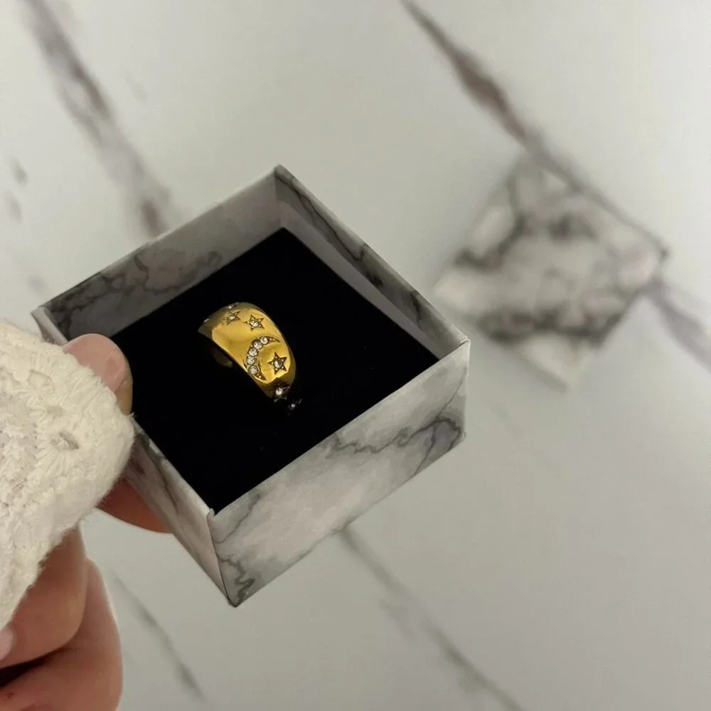 SKU:0113 gold ring zircon stone vintage vibe‎ moon stars sun stainless steel